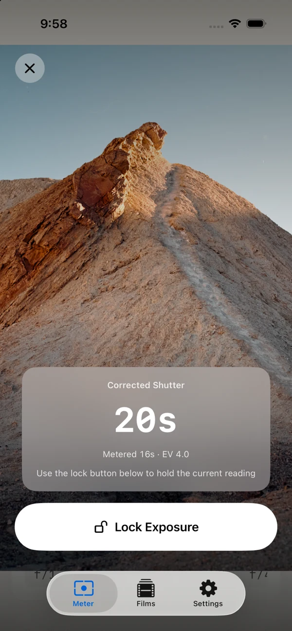 ReciproMeter full-screen live meter showing a corrected 20-second exposure