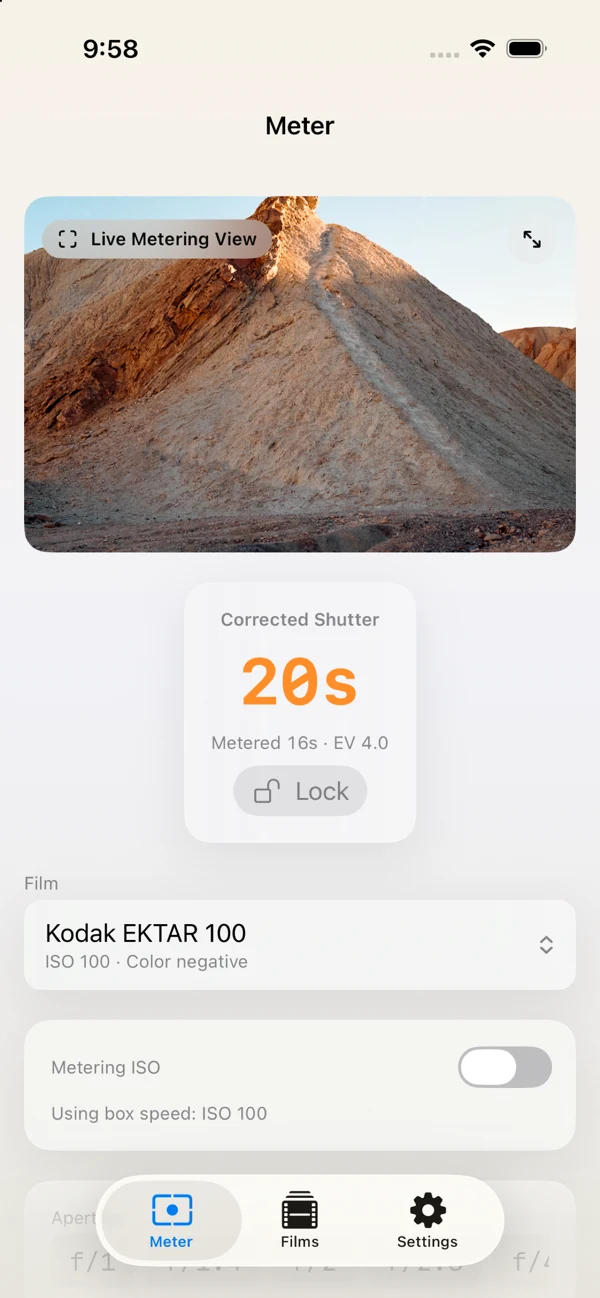 ReciproMeter meter controls with film, ISO, aperture, and corrected exposure