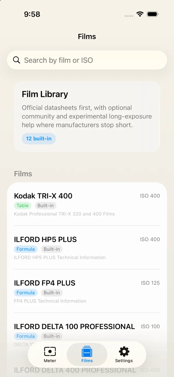 ReciproMeter film library showing official, community, and experimental data tiers