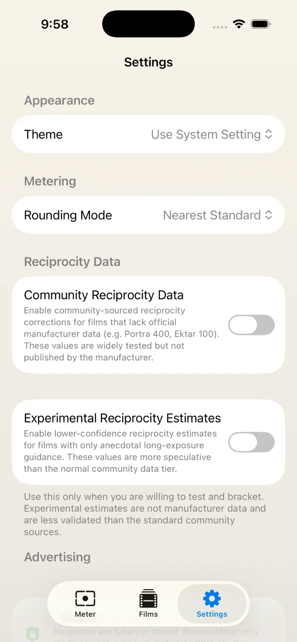 ReciproMeter settings for appearance and optional reciprocity guidance