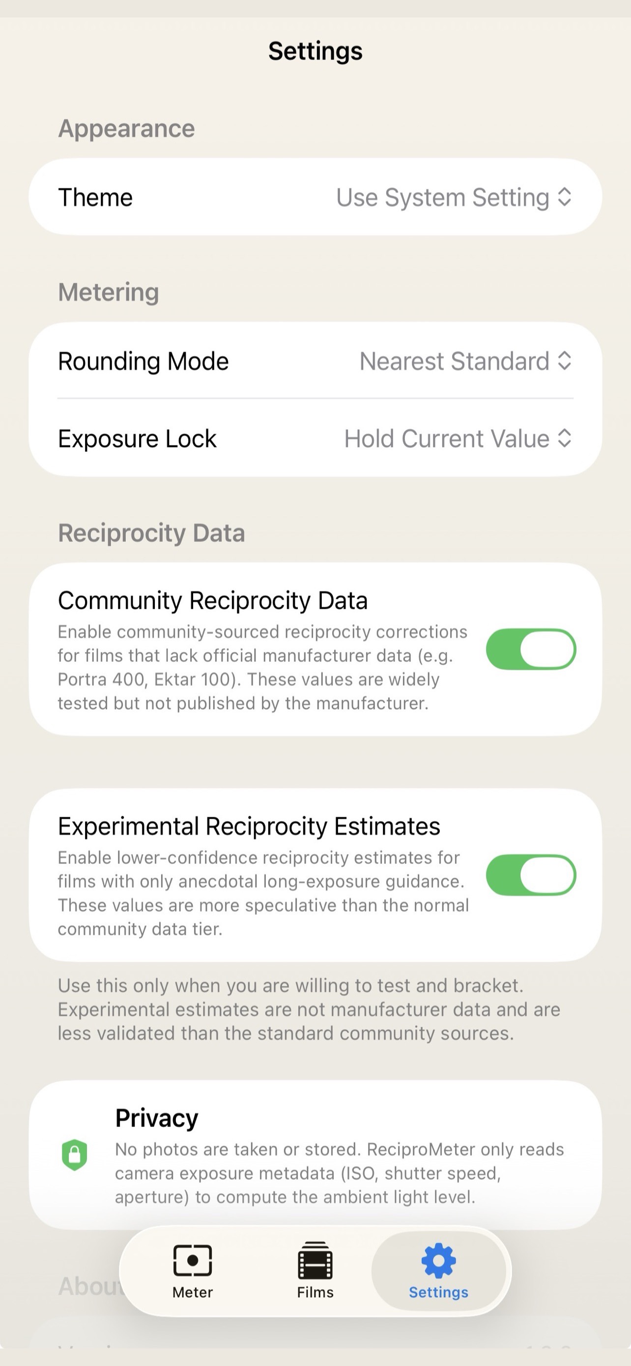 ReciproMeter settings screen